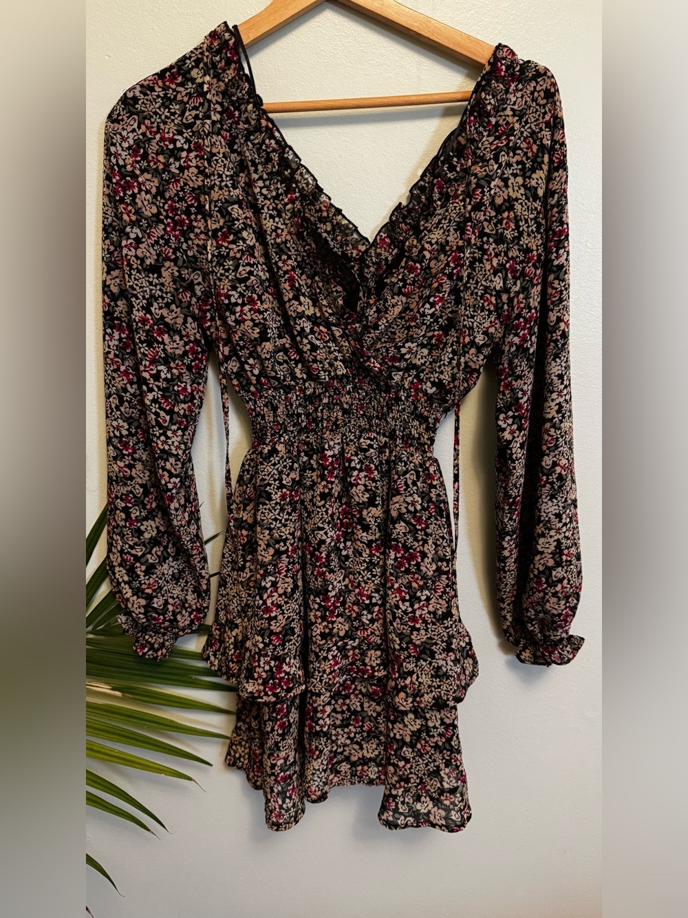 Dynamite Black Floral Ruffle Neck Mini Dress
